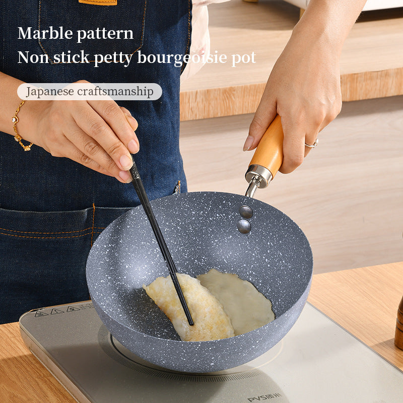 Mini Non-Stick Stone Wok Pan with Wooden Handle – Small Frying Pan for Induction, Gas & Electric Stoves | Japanese-Style Single-Serve Cookware 8"/9"/9.5"